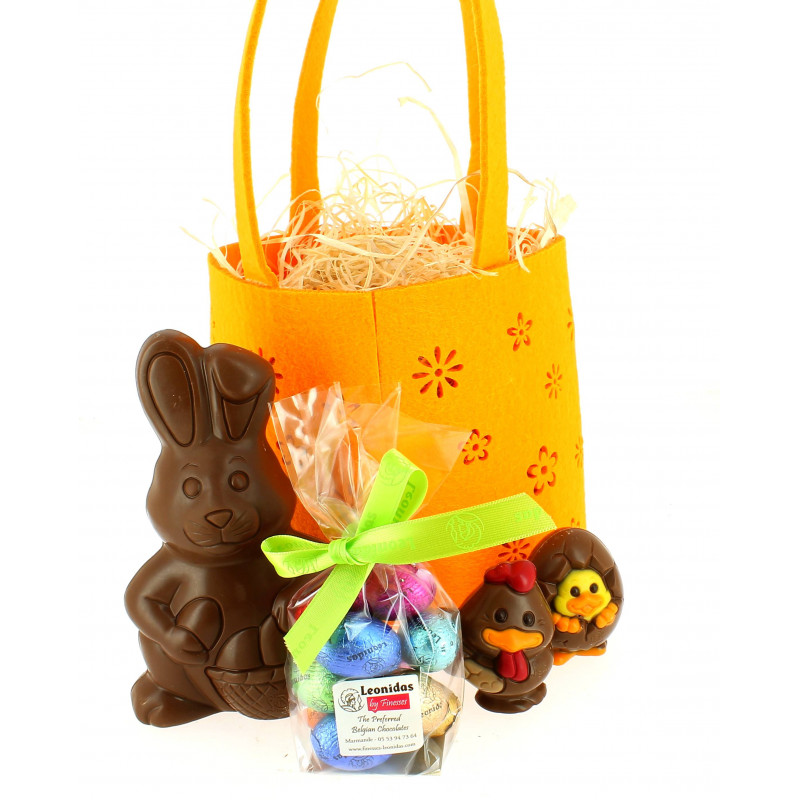 Panier jaune garni de 320 g de chocolats Leonidas