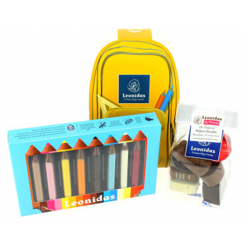 Cartable garni de crayons et de 100 g de chocolats Leonidas