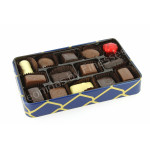 Coffret métal bleu garni de 240 g de chocolats Leonidas