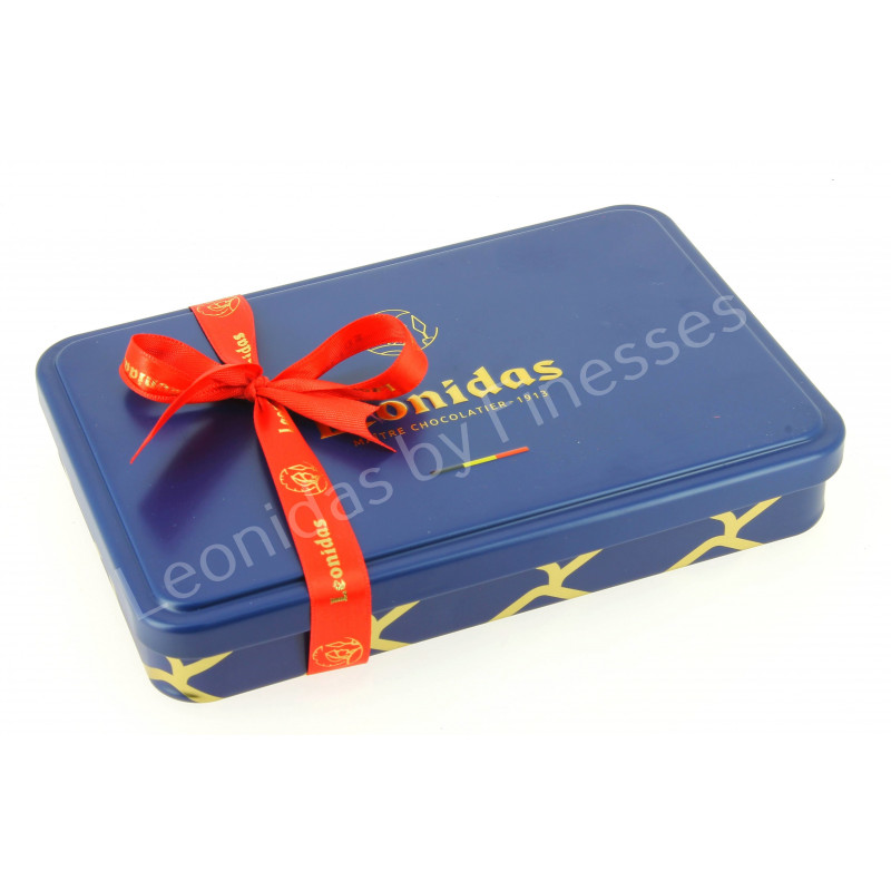 Coffret métal bleu garni de 240 g de chocolats Leonidas