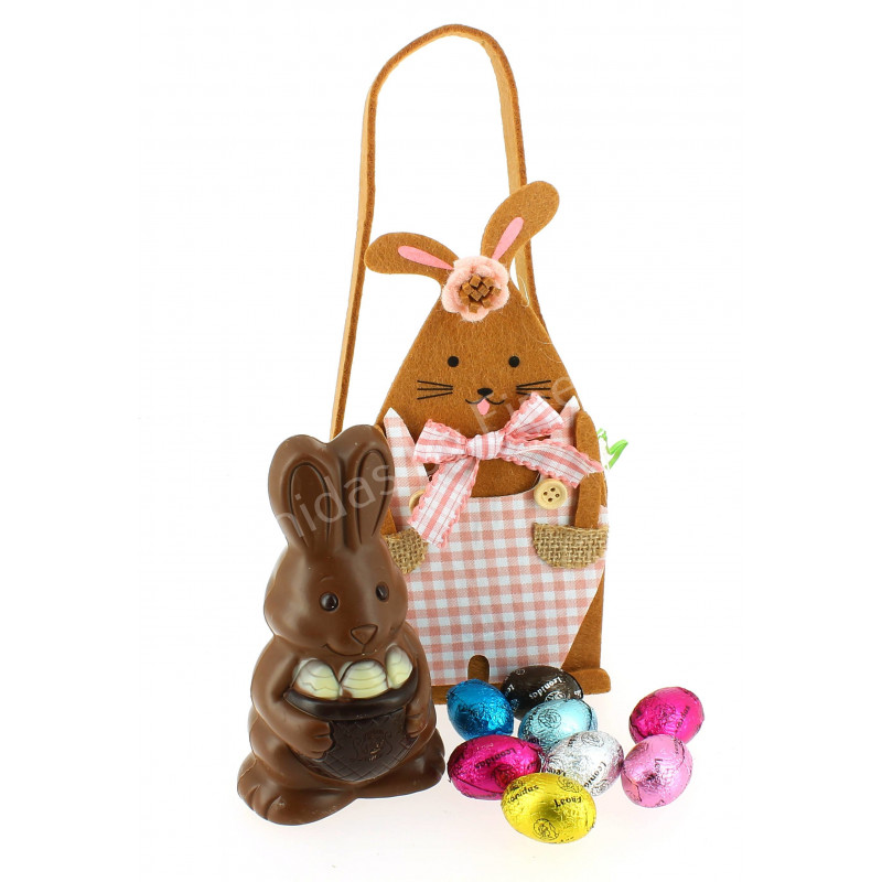 Panier lapin rose garni de 180 g de chocolats Leonidas de Pâques