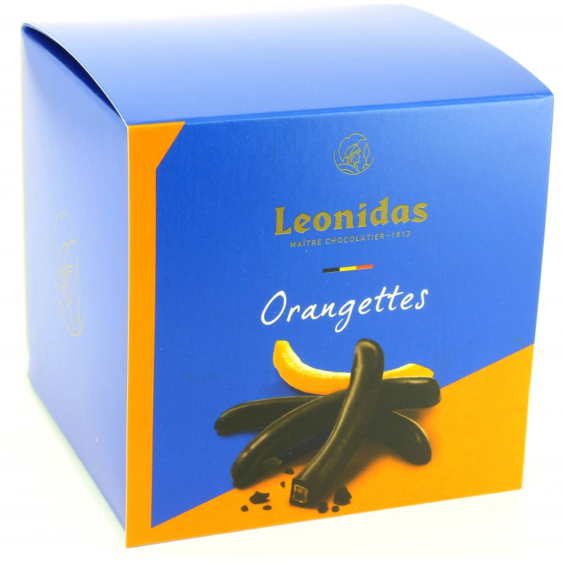 Cube petit plaisir garni de 250g d'orangettes Leonidas.