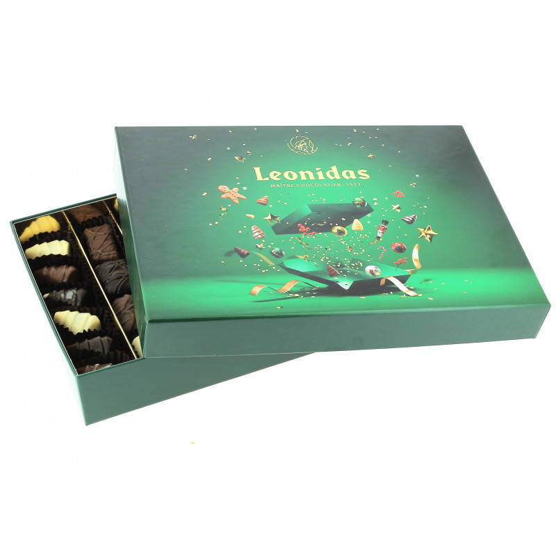 Coffret rectangle vert de Noël garni de 490 g de chocolats Leonidas