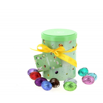 Cylindre métal garni de 400 g de petits œufs en chocolat Leonidas Cylindre métal garni de 400 g de petits œufs en chocolat Leonidas