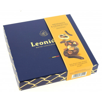 Coffret mix orangettes et mendiants garni de 395 g de chocolats Leonidas
