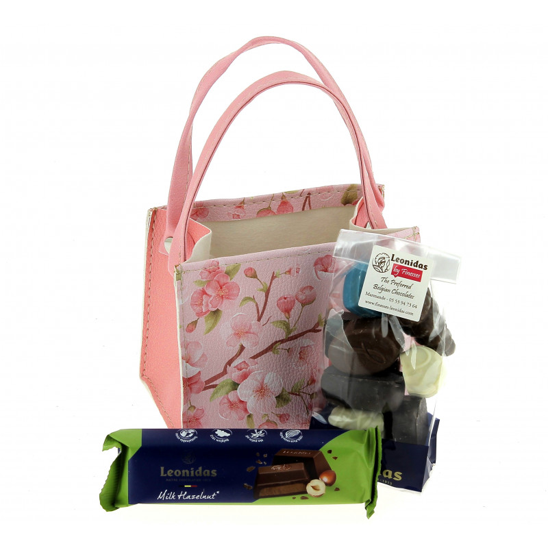 Sac fleurs de cerisier garni de 200 g de chocolats Leonidas